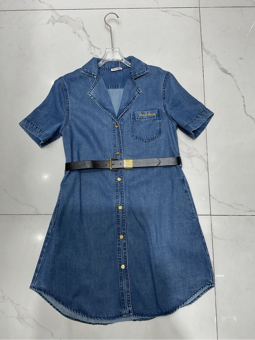 Miu Miu Denim Shirt Dress in Blue with Black Belt